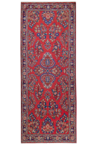 Sarough Semi-Antique Medallion Red Wool Hand Knotted Runner Persian Rug