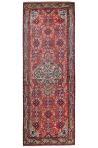 Tajabad Semi-Antique Medallion Red Wool Hand Knotted Runner Persian Rug