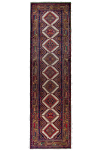 Ghorveh Semi-Antique Medallion Beige Wool Hand Knotted Runner Persian Rug