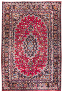 Mashad Semi-Antique Medallion Red Wool Hand Knotted Persian Rug