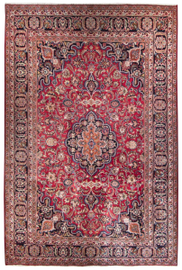 Mashad Semi-Antique Medallion Red Wool Hand Knotted Persian Rug