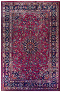 Mashad Semi-Antique Medallion Red Wool Hand Knotted Persian Rug