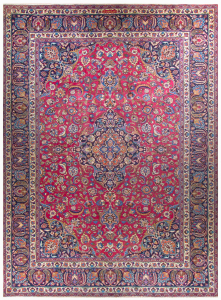 Mashad Semi-Antique Medallion Red Wool Hand Knotted Persian Rug