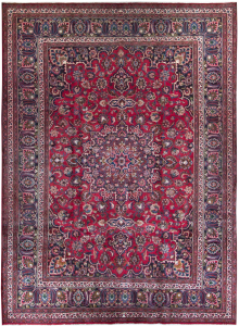 Mashad Semi-Antique Medallion Red Wool Hand Knotted Persian Rug