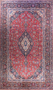 Keshan Semi-Antique Medallion Red Wool Hand Knotted Persian Rug