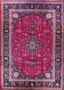 Mashad Semi-Antique Medallion Red Wool Hand Knotted Persian Rug