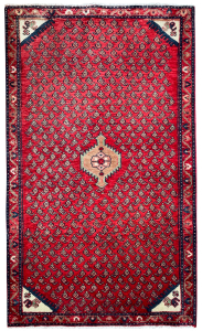 Mir Semi-Antique Boteh Medallion Red Wool Hand Knotted Persian Rug