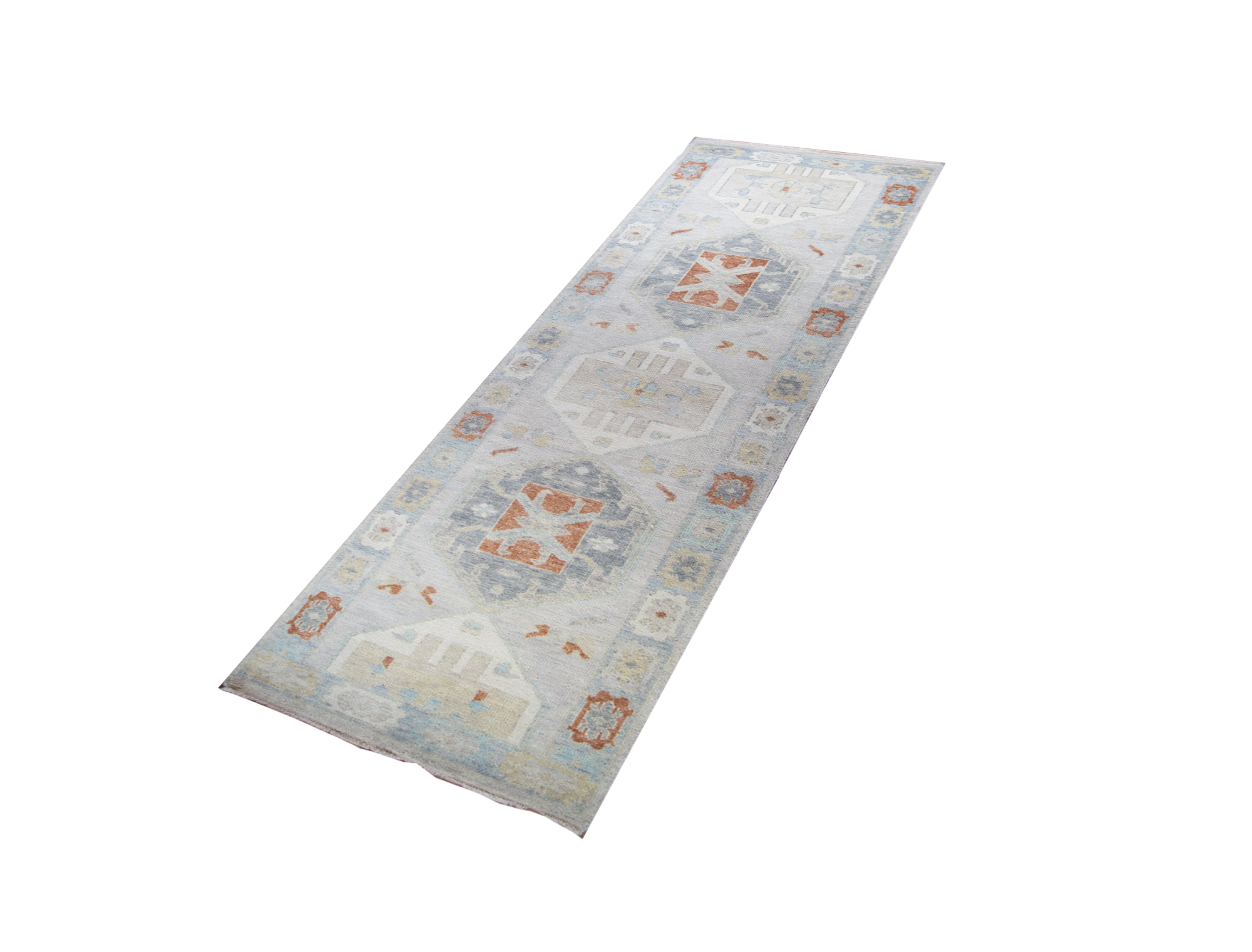 Oushak Colorful Silver/Blue Hand Knotted Runner Rug 3'1