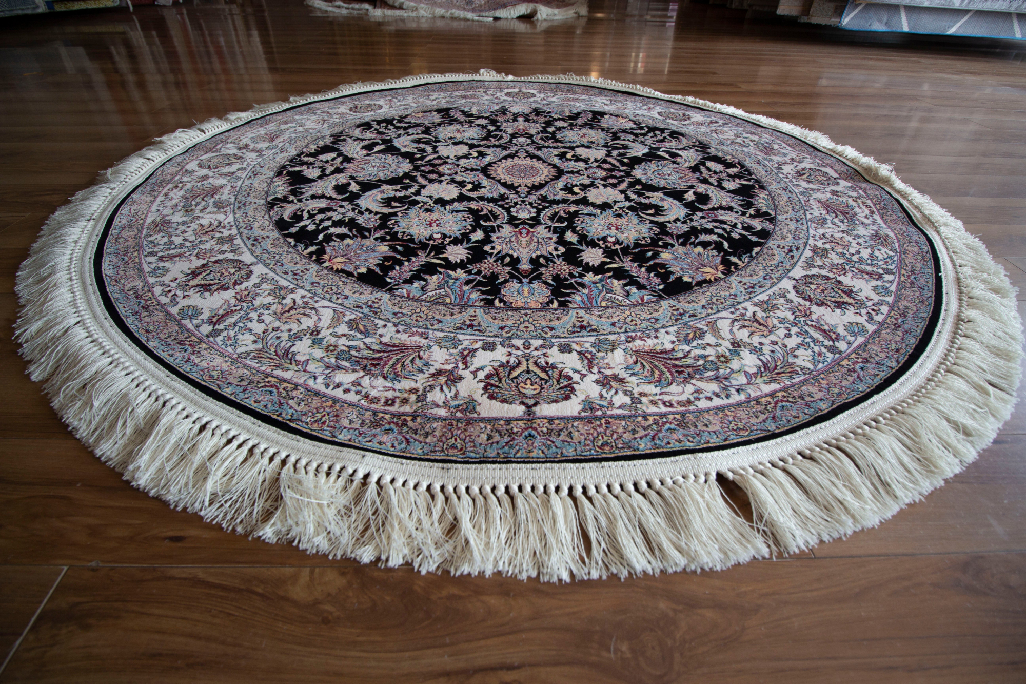 Kingdom Afshan Saltanati Dark Blue With Cream Margin Loomed Round Rug-Area rug for living room, dining area, and bedroom